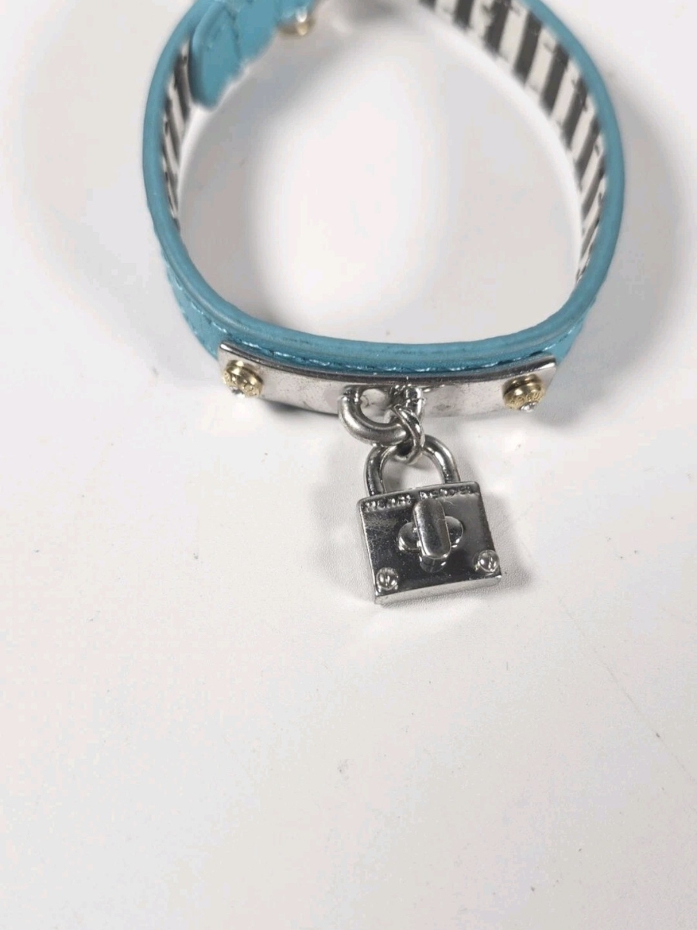 Henri Bendel Vintage Silver Tone Leather Lock Logo Bracelet Turquoise Blue - Picture 4 of 16